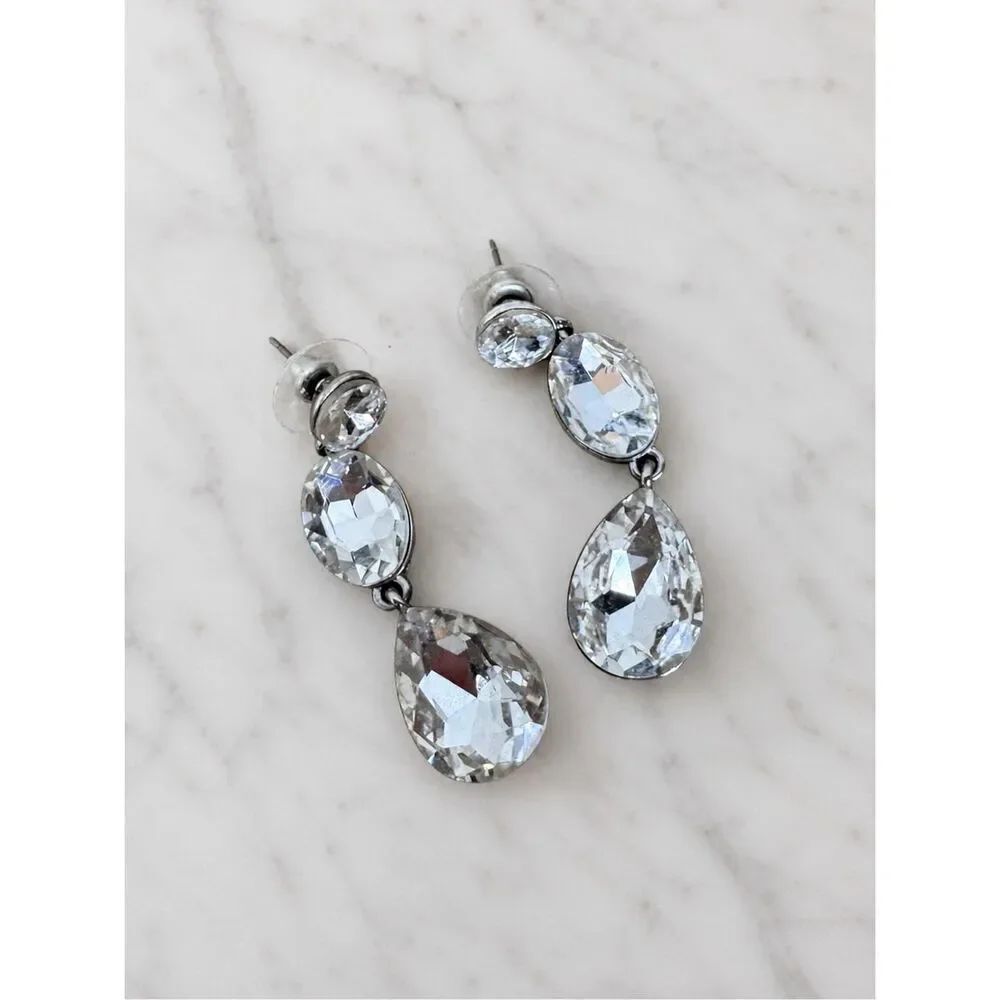 Silver Tone Clear Crystal Teardrop Dangle Earrings Statement Costume Jewelry